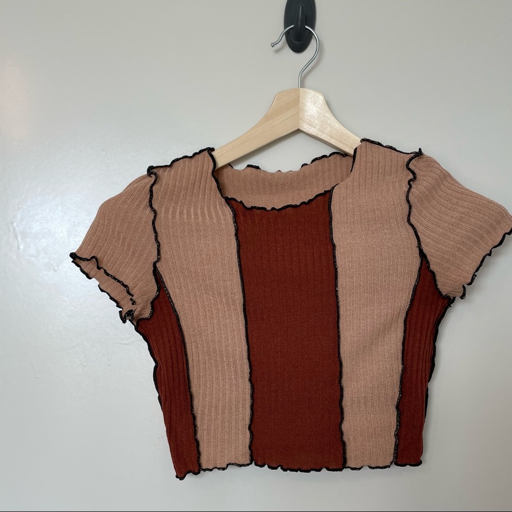 Shein Patchwork Crop Top Small Raw Hem Color Block Inverted Seam